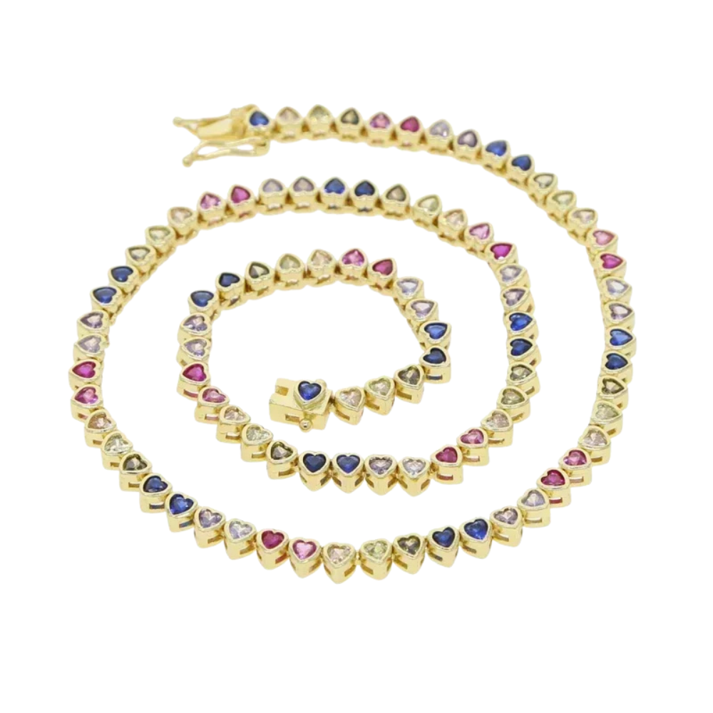 Rainbow Heart Tennis Necklace – Gold Finish