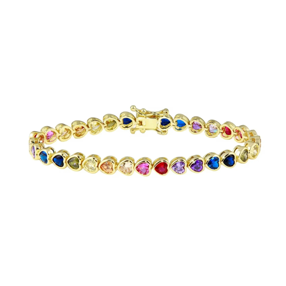 Rainbow Heart Tennis Bracelet – Gold Finish
