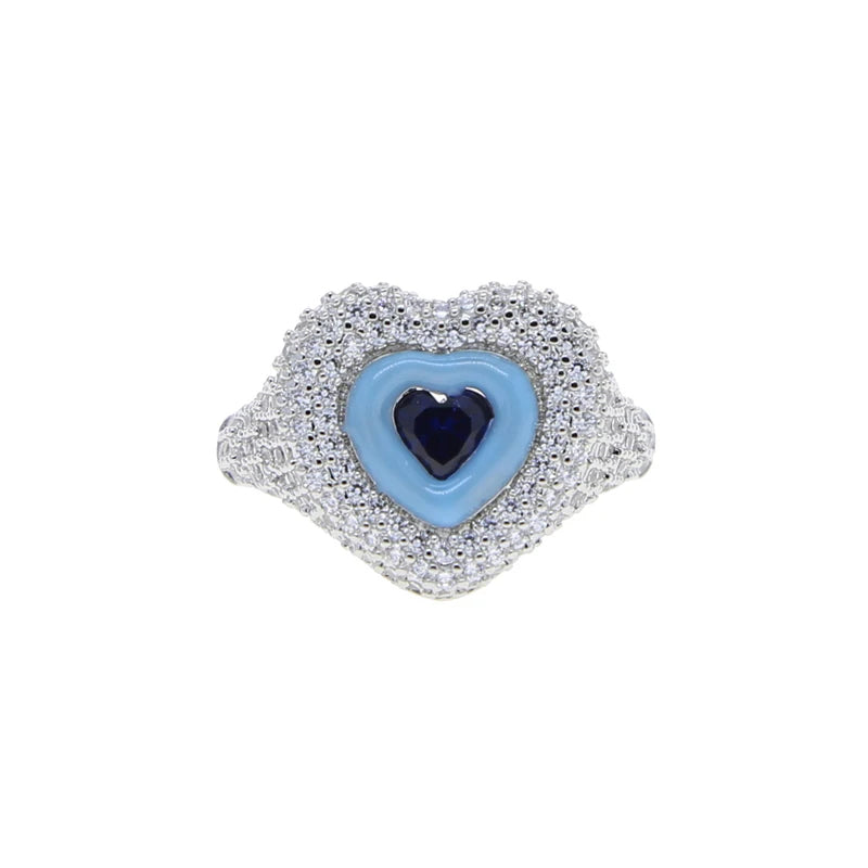 Blue Heart Ring – Silver-Tone with Enamel and Crystal Center