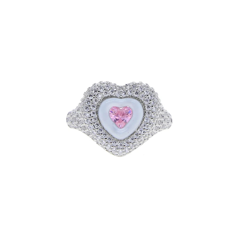 White & Pink Heart Ring – Silver-Tone with Glossy Enamel and Crystal Center