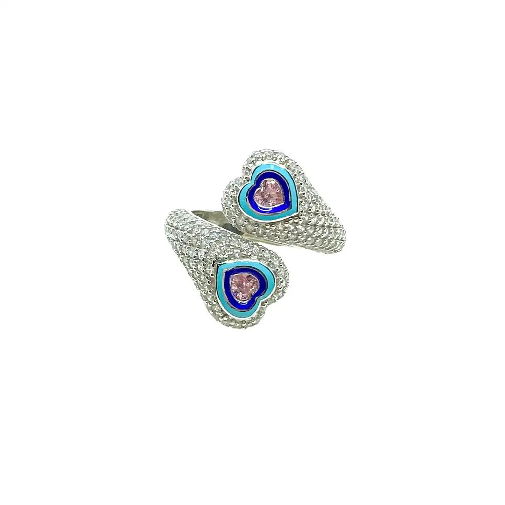 Double Heart Pavé Ring – Blue & Silver