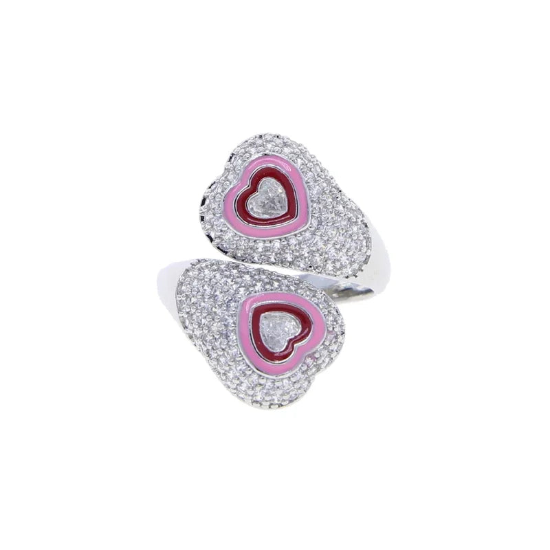 Double Heart Pavé Ring – Pink & Silver