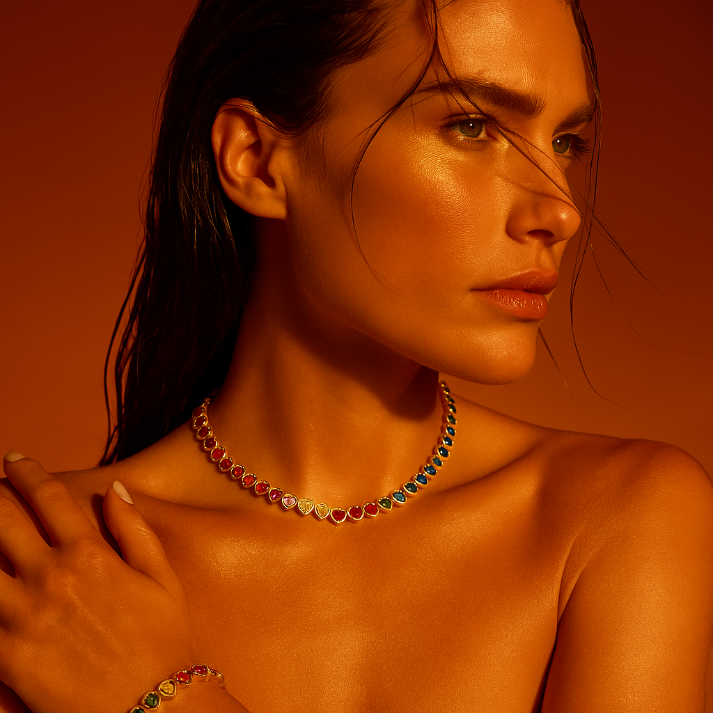 Rainbow Heart Tennis Necklace – Gold Finish