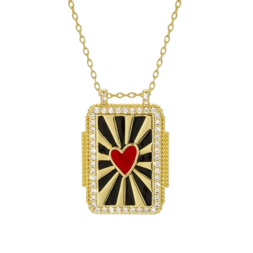 Square Necklace with Heart in the Center Red Black Gold - Happy gems