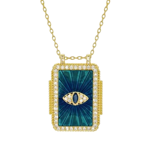 Square Necklace with Eye in the Center Blue Gold - Happy gems