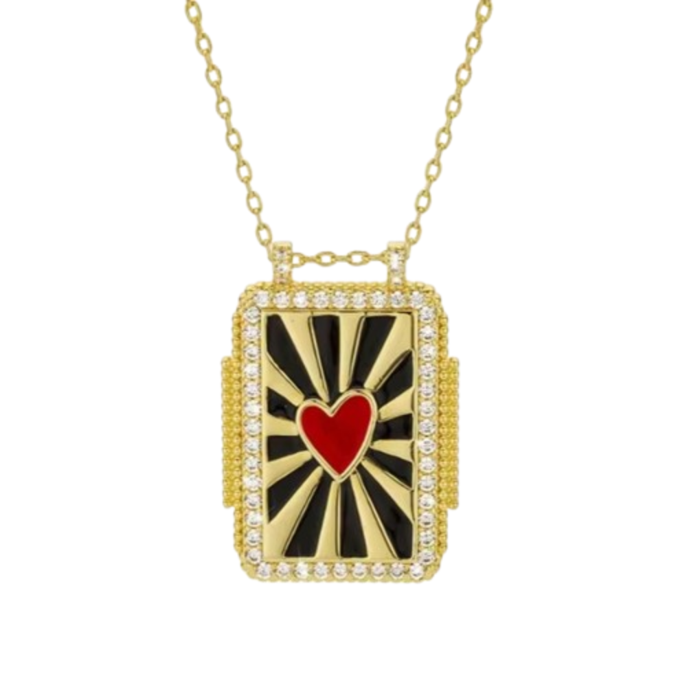 Square Necklace with Heart in the Center Red Black Gold