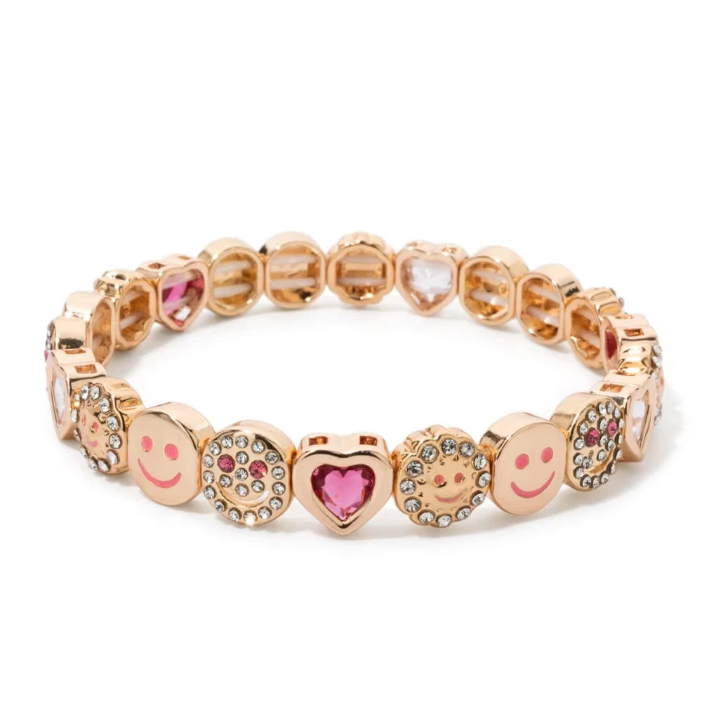 Smile & Heart Charm Bracelet with Pink and Crystal Accents