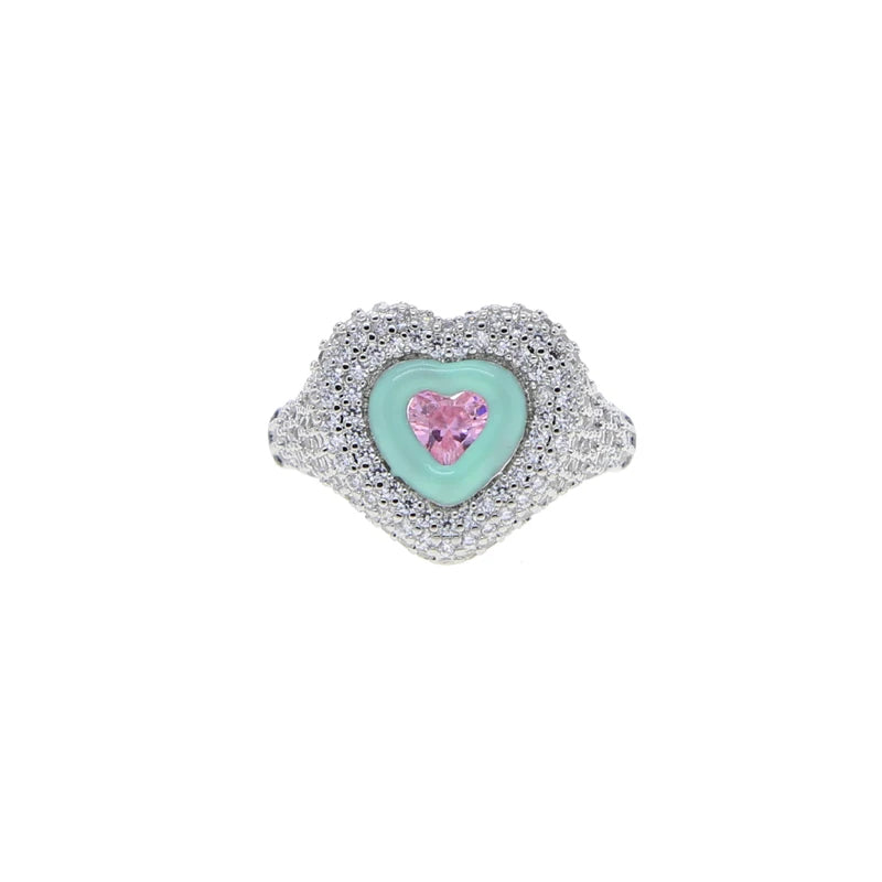 Mint & Pink Heart Ring – Silver-Tone with Enamel and Crystal